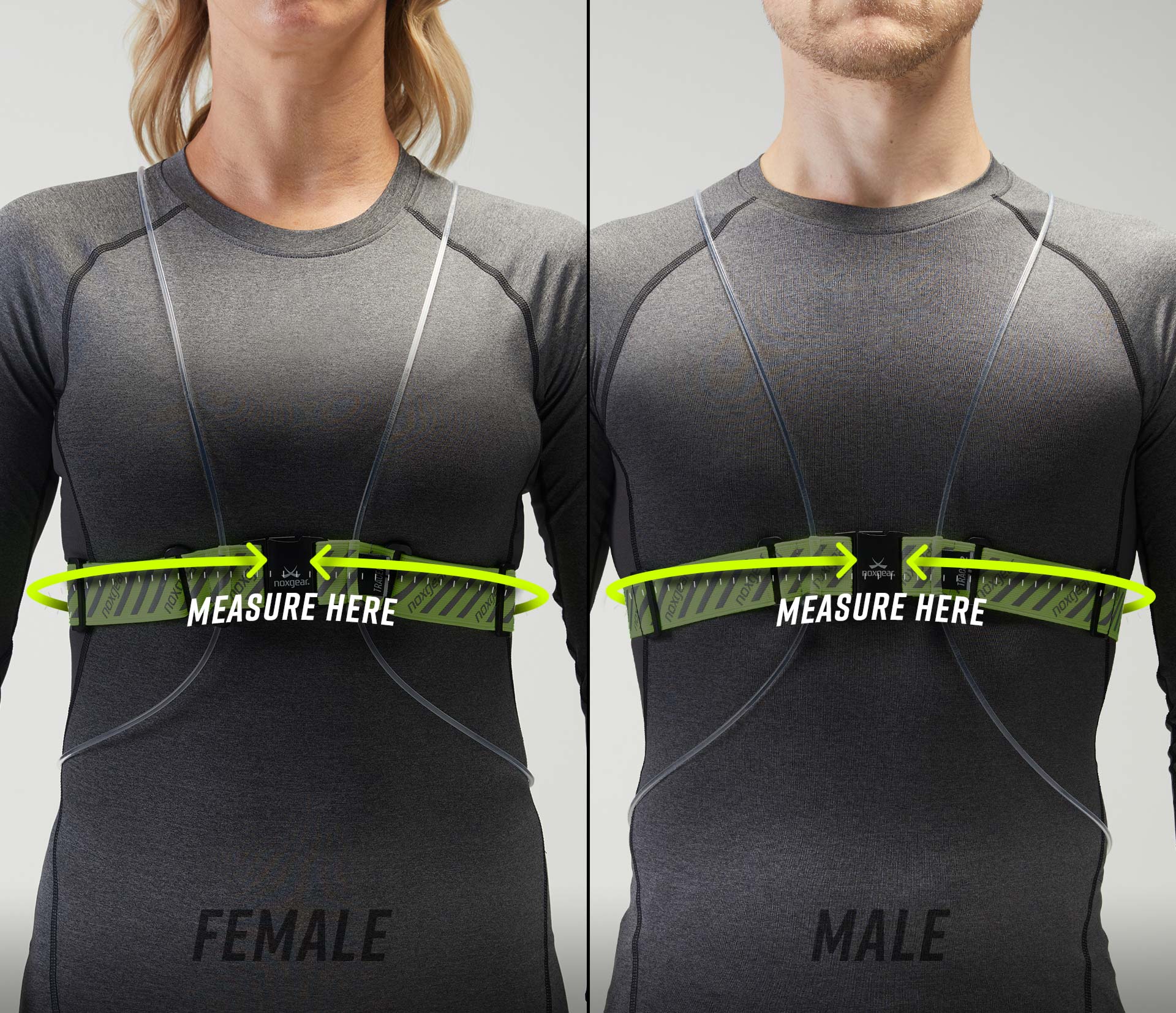 Photo showing the fit of a Tracer2 on the torso of a man and a woman.